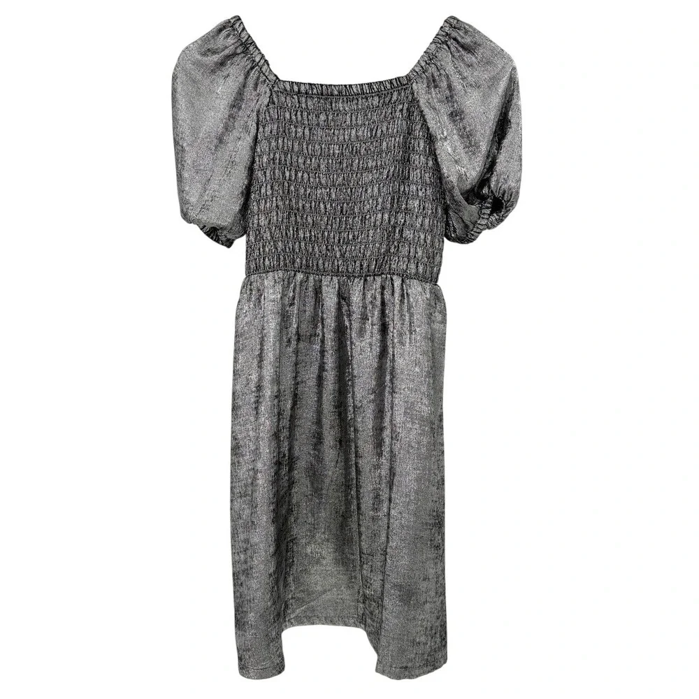 Old Navy Kids Girls XL 14-16 Silver Metallic Smocked Puff Sleeve Party Dress‎